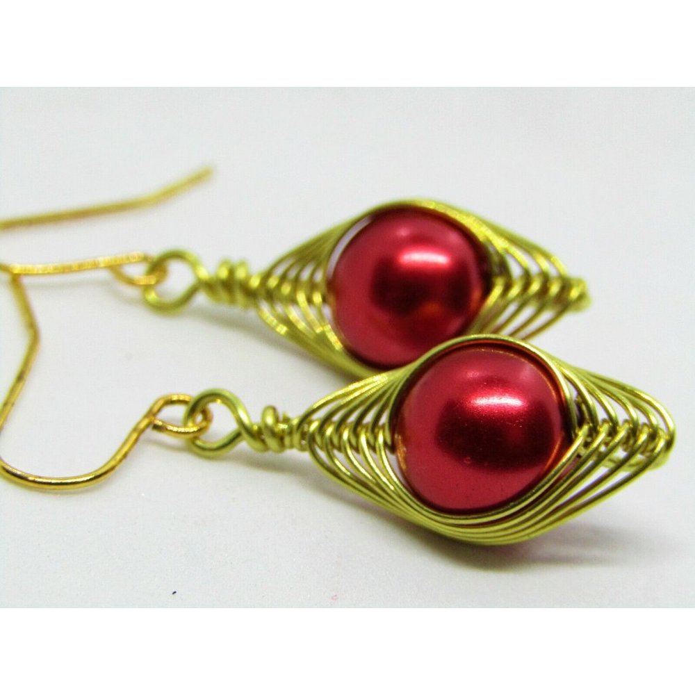 Christmas Red Pearl Gold Dangle Earrings